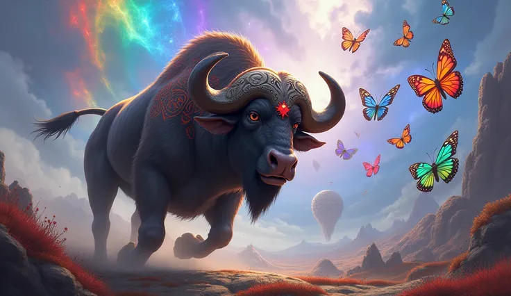 Create an image of a confederate toro buffalo chasing krixi butterflies in a coalition game