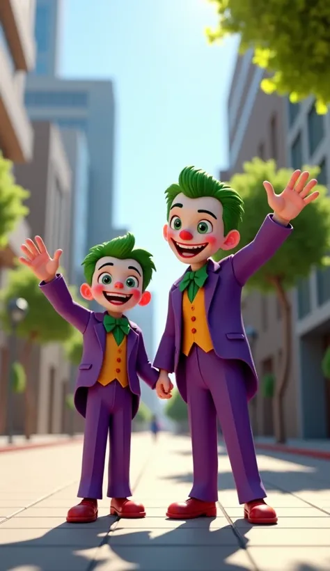 "Close-up shot of Joker and his  son standing and waving at the camera on a bright, sunny city street. The  is wearing a small Joker costume, including a purple suit, green hair, and makeup similar to his fathers, but with a playful twist. Both are smiling...