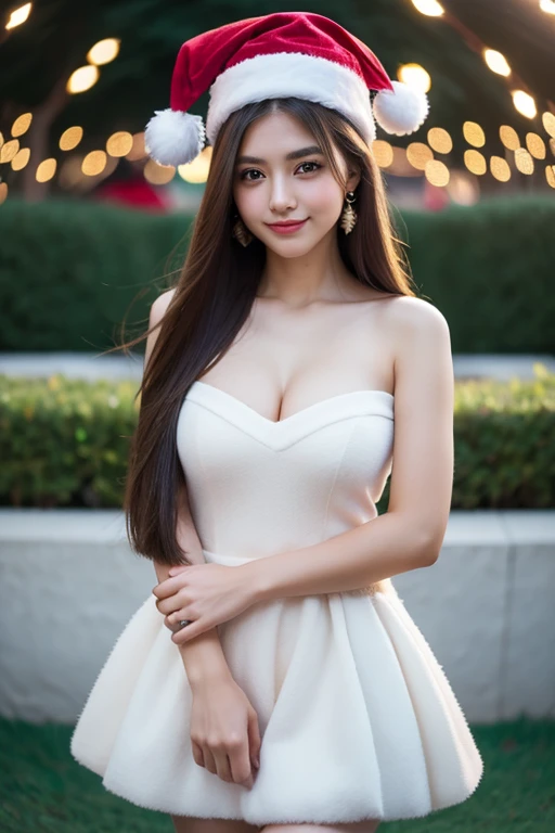 Beautiful girl looking at the viewer ,, put on a red fluffy dress, velvet, white fur trim, red tight skirt, velvet, white fur trim ,, clear white skin, soft cheeks, Smiling charmingly, seeing ,Sharp face,  brown eyes , Christmas festival, there is snow, th...