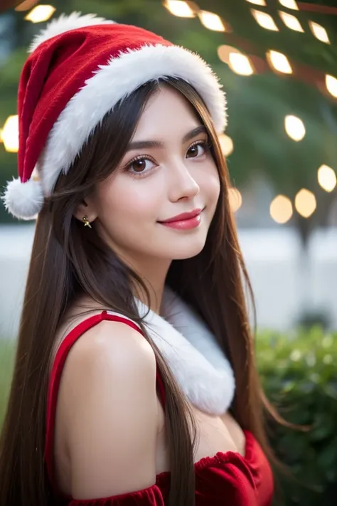 Beautiful girl looking at the viewer ,, put on a red fluffy dress, velvet, white fur trim, red tight skirt, velvet, white fur trim ,, clear white skin, soft cheeks, Smiling charmingly, seeing ,Sharp face,  brown eyes , Christmas festival, there is snow, th...