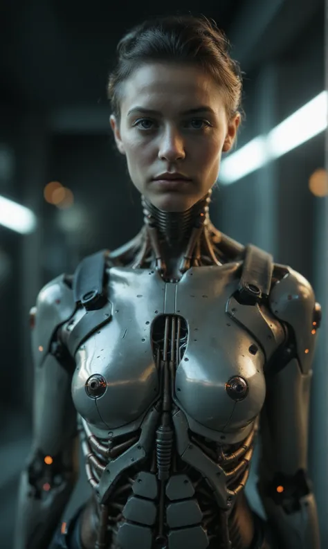 score_9, score_8_up, score_7_up, score_6_up, photo, realism, photorealistic, cowboy shot, female , cyborg,  mechanical body, mechanical skeleton, tactical gear, cyberpunk elements, wires sticking out of body, siting, looking at viewer, dark lighting, dark ...