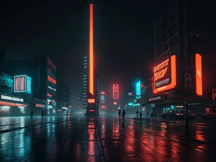 agraffes in the fog with a red light on top of a building, view of the building and an empty street that surround the building, from blade runner 2049 (2017), blade runner 2049 lighting color, cinematic neon matte painting, like a scene from blade runner, ...