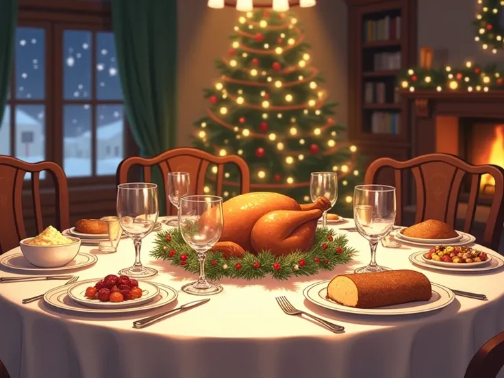 (anime) Set a table with a family Christmas meal, without people. Only the table
