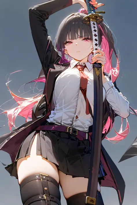 1girl, weapon, sword, solo, holding, black_hair, skirt, holding_weapon, long_hair, holding_sword, unsheathing, necktie, pink_eyes, thighhighs, thigh_strap, sheath, shirt, black_skirt, jacket, katana, belt, looking_at_viewer, black_jacket, colored_inner_hai...