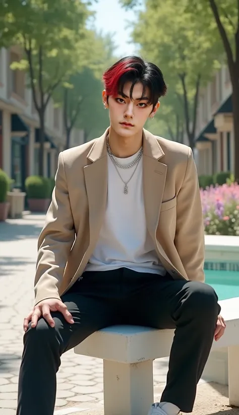 Prompt da imagem:

A 23-year-old Korean boy with black hair styled with a striking red streak on the left side. His sharp, fox-like eyes are focused on the camera, and he has a defined mouth and several earrings, adding to his cool and charismatic vibe. He...