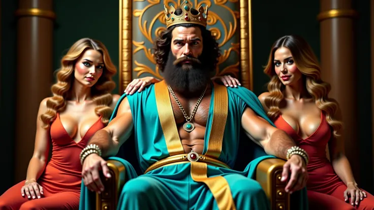 King Solomon ,  STRONG WITH BEARD ,  big hair, muscular,with his crown,  WITH HIS ROYAL TURQUOISE BLUE AND VIBRANT GOLD KING ROBES ,  IN AN Arabian harem of 6 women  ,perfect bodies, 3 big haired blondes and 3 brunettes ,  with big boobs ,  very big boobs ...