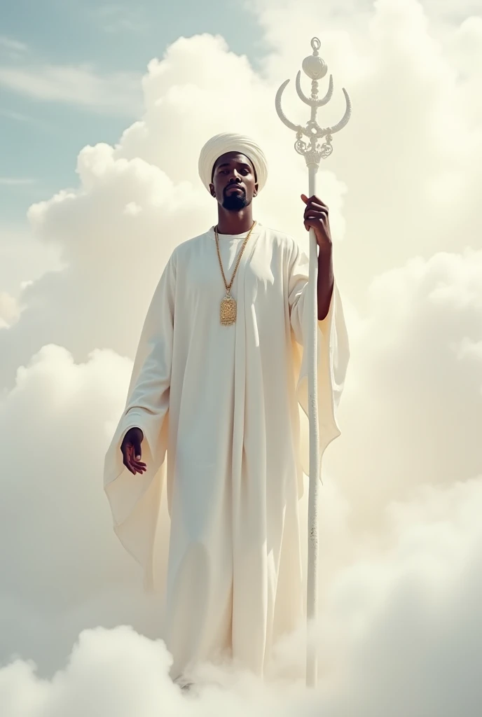 I hope,  a deity of Yoruba origin , In the Candomblé style . . He is dressed in a long white garment and holds a staff with a white top that resembles a staff. The background is white clouds surrounding him in energy .  The style is soft and elegant ,  wit...