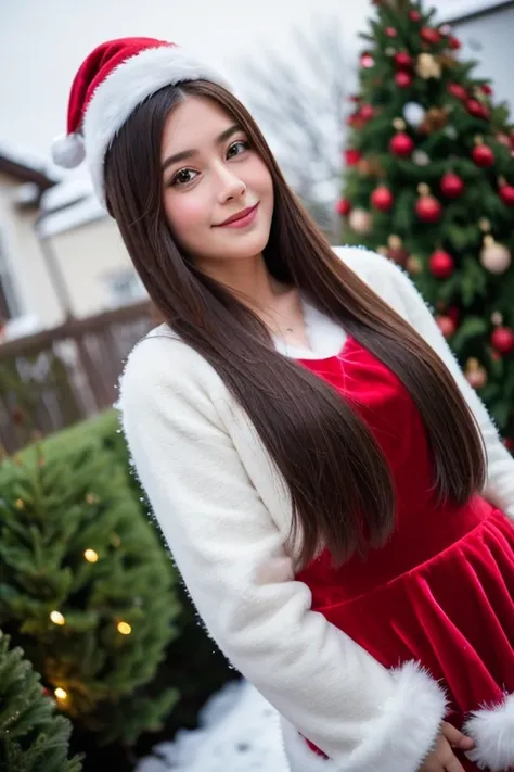 Beautiful girl looking at the viewer ,Put on a red fluffy dress, velvet, red white fur trim, a red tight skirt, velvet, white fur trim.,, clear white skin, soft cheeks, Smiling charmingly, seeing ,Sharp face,  brown eyes , Christmas festival, there is snow...