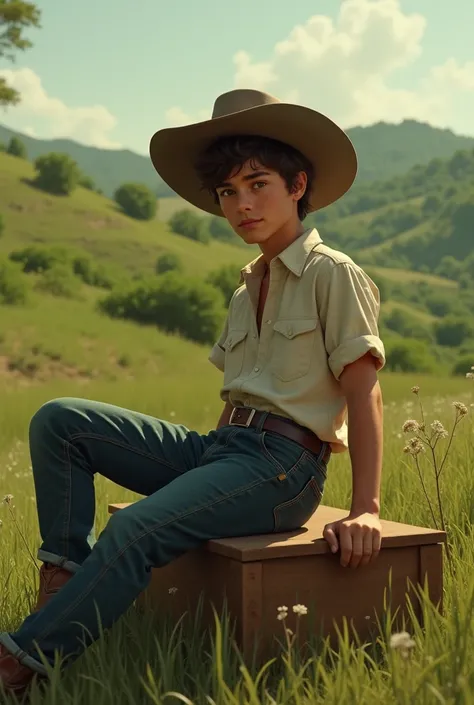 create a realistic image relaxing sit on low box, green lands Cowboy s teenage ,short hair, time 1960 texas, boy looks beautiful large eyes. Hes handsome,low light 