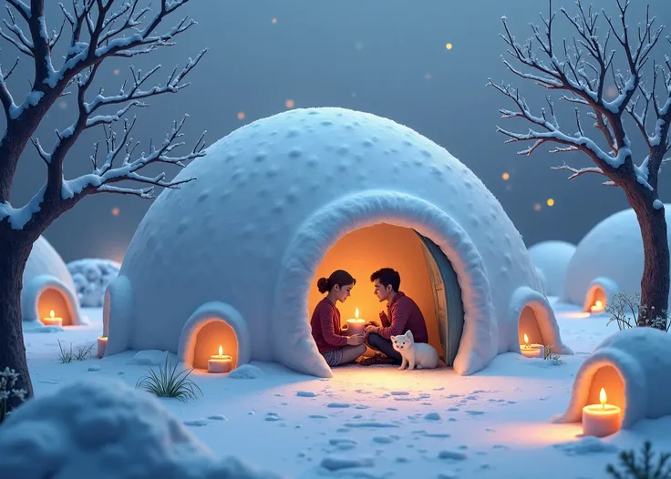  a dome made of snow 、snow room、 Pretty girl and boy can be seen sitting from the entrance 、Candlelight inside 、外にも小さな雪のドームがいくつかのCandlelight inside が見える、 and a cute cat can be seen sitting from the entrance 