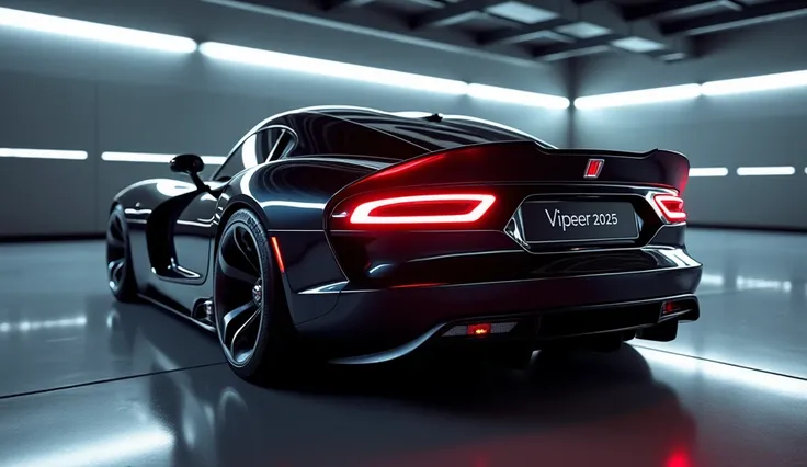 Realistic, high-quality image of the right ▶️ view of a Dodge Viper 2025, showcasing a modernized design inspired by classic elements. The car is in a sleek, glossy black color with subtle red accents around the tail lights. It has distinctive, rectangular...