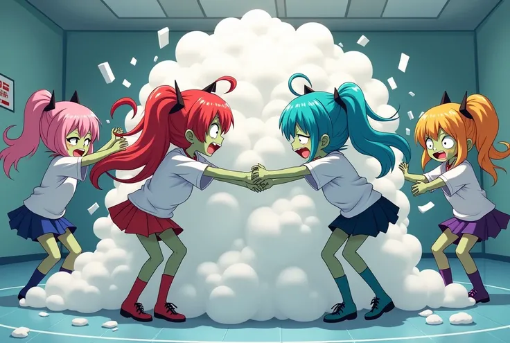 An anime-style art depicting many zombie-girls playfully wrestling with each other inside a hospital comical fight cloud.
each zombie-girl has different colored hair.
their faces,hands,and feet are visible emerging from the cloud as they tussle humorously,...