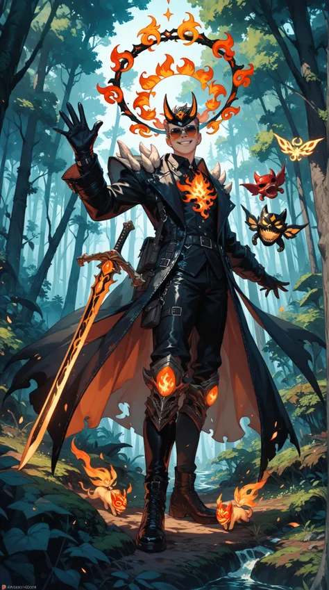  A mysterious and surreal forest ， wearing a fiery hemispherical mask ， wearing a dark black and underexposed costume ， waving a deadly black sword ，Floating double halo ， standing in the abyss of the forest ， A group of four dark shades surrounded by unpr...