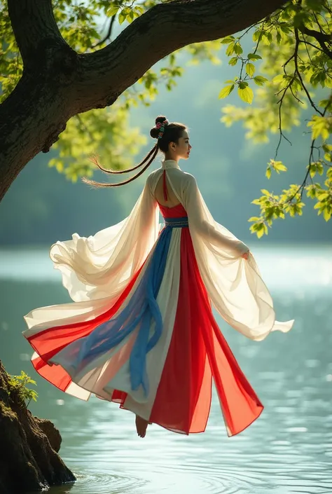  A woman in traditional dress in the style of an ancient dynasty ,  wearing elegant hanfu with a combination of red colors , white, and blue.  She hovers in the air gracefully among the branches branch of a large tree that is on the shore of the lake. His ...