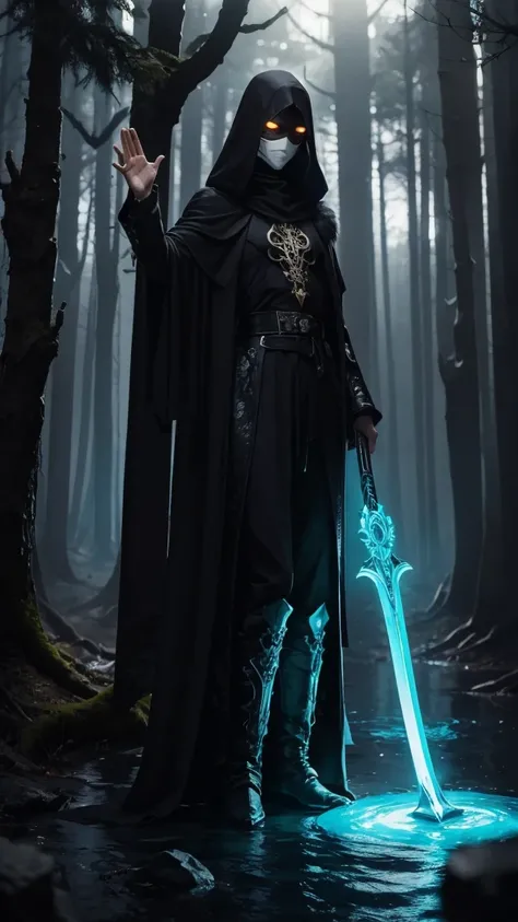  A mysterious and surreal forest ， wearing a fiery hemispherical mask ， wearing a dark black and underexposed costume ， waving a deadly black sword ，Floating double halo ， standing in the abyss of the forest ， A group of four dark shades surrounded by unpr...