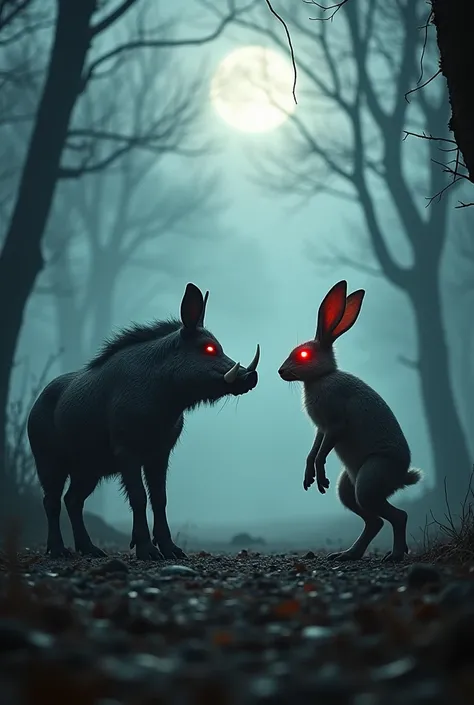 "A tense and dramatic scene featuring a wild boar and a rabbit facing each other in an eerie standoff. The wild boar is muscular, with sharp tusks and a menacing stance, while the rabbit is unnervingly large, with glowing red eyes and an aggressive posture...