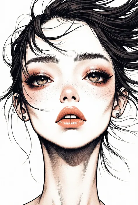 Front-facing angle of a female face, soft yet determined expression, sharp eyebrows, flowing hair, delicate and detailed facial features, piercing gaze, minimal background, focus on vibrant and dynamic facial details, line art, sketch
