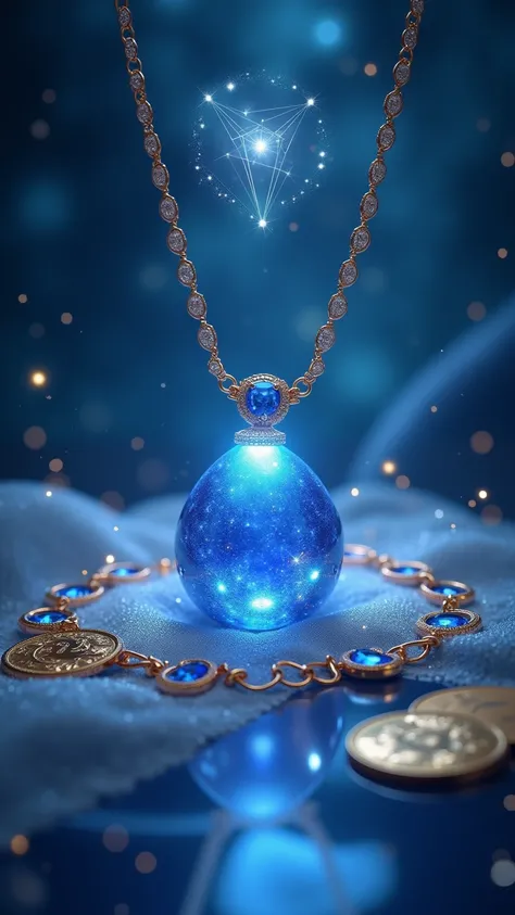 "A mystical and empowering image representing Aquarius (みずがめ座) and the symbolic power of blue accessories in promoting calm and future-focused decision-making. The centerpiece features a radiant sapphire necklace, bracelet, and earrings emitting a soft blu...