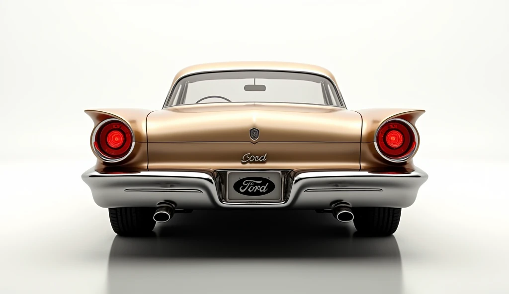 A stunning retro-modern car inspired by the 1950s Ford Victoria, captured from the full back view. The car features sleek, golden-beige paint, iconic tail fins, circular tail lights with glowing red details, and a chrome-finished bumper with dual exhaust p...