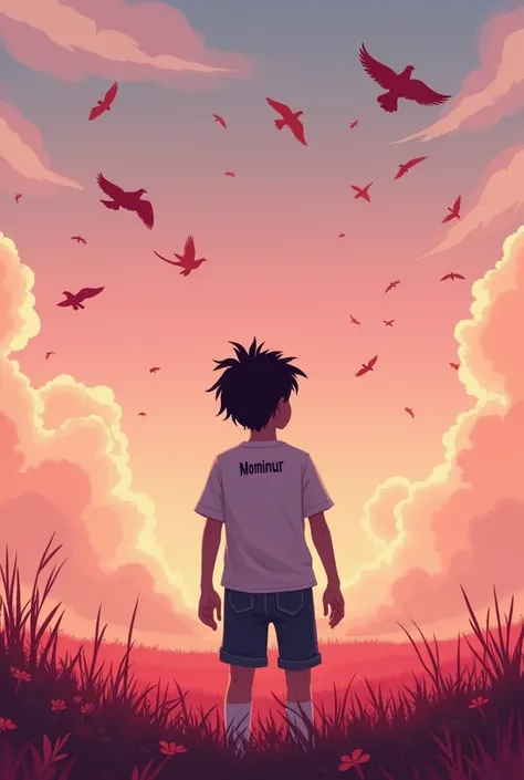 A boy is standing on a field looking in the sky are birds and the scenery in mix of pink  and red and this is a back side view  and on his t-shirt has a name and the name is Mominur and the boy is adult and the boy has ware full pend