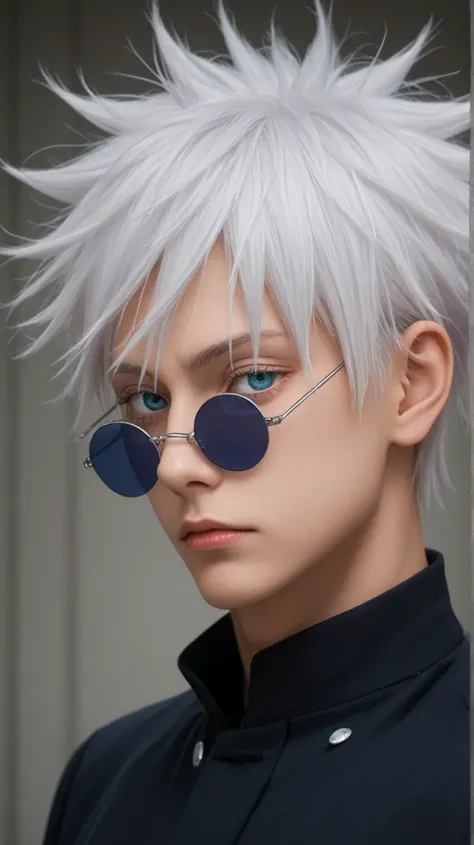 short hair, 1boy, white hair,spiked hair,  gojou satoru, blue eyes, colored eyelashes, hair between eyes, black jacket, round sunglasses,upper body, expressionless, looking at viewer, from side,