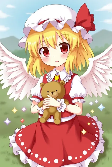 1girl, flandre scarlet, touhou, hat, mob cap, solo, blonde hair, stuffed toy, red vest, wings, stuffed animal, teddy bear, red eyes, crystal, vest, white headwear, outdoor, short sleeves, one side up, holding, puffy sleeves, skirt, shirt, pointy ears, red ...