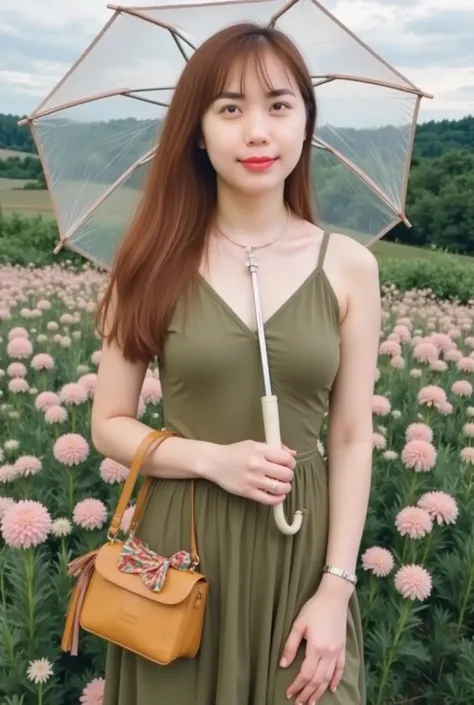 (beautiful woman in nature, (best quality:1.2), photorealistic, soft natural lighting, UHD, dreamy atmosphere)
A serene portrait of a young woman standing in a lush flower field filled with pink and white blossoms. She wears an elegant, olive green dress w...