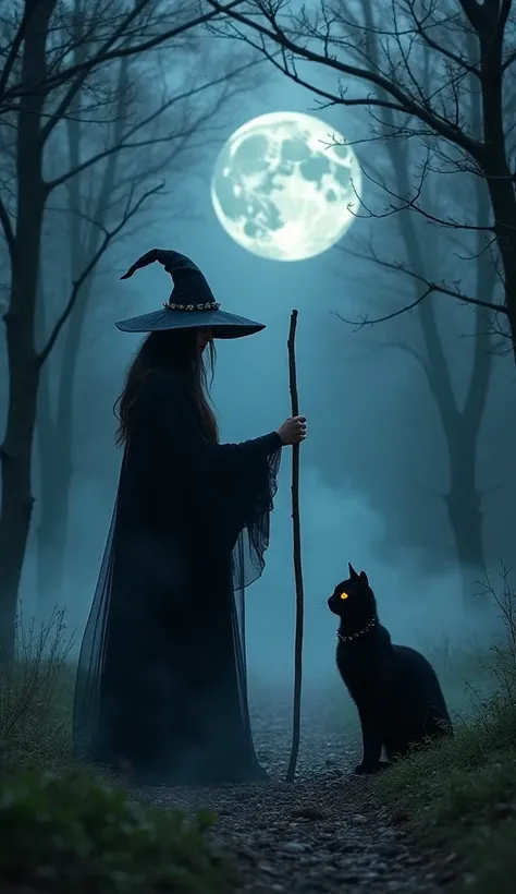 In a moonlit forest clearing, a mysterious witch in dark robes stands with her staff raised, casting a spell as a black cat watches intently. The mist swirls around them, and the cat’s glowing eyes reflect the witch’s magical aura. The full moon casts a si...