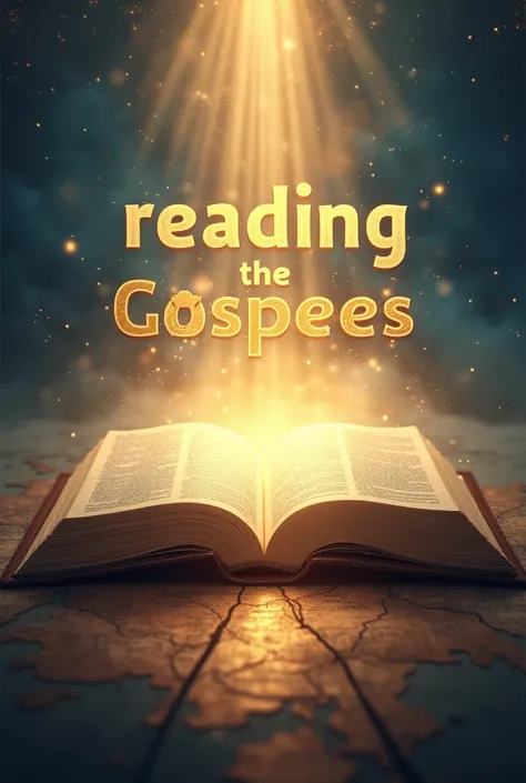 concept:  An open Bible with a golden glow ,  rays of light and a background that combines a subtle world map with heavenly skies in shades of blue and gold.
text: "Reading the Gospels "  in a modern and attractive font , with a gold border., No text in th...