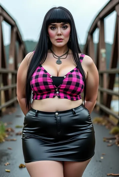 (FAT CHUBBY), A bitch with a very fat bbw body naked in the middle of a dilapidated bridge,(GOTH GIRL PURPLE LIPS)). ((Pink Plaid Croptank)), Close up image,  Hands behind back , (pakai transparent latex mini skirt pendek closed my center), kedua belah tan...