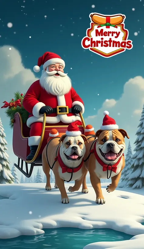 in santa ride a deers change into a bulldog, use "merry christmas" text, use hottdog logo