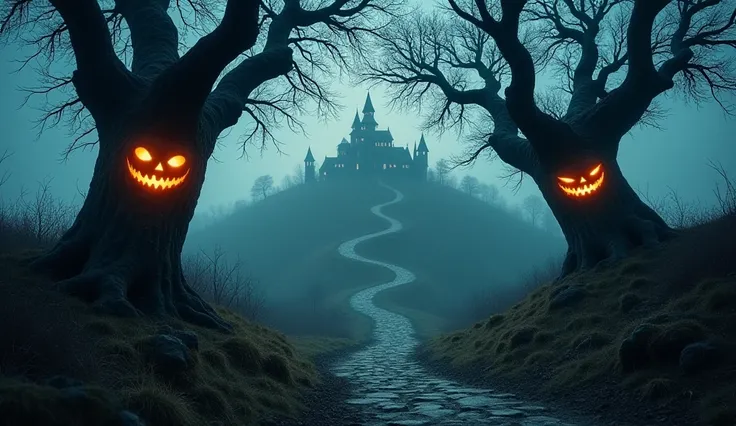 2 Halloween trees with creepy glowing faces in the tree trunk and creepy treetop very close to the front of the picture beginning ,  left and right of a path that leads up a large hill and which is divided on the hill in different directions to various cre...