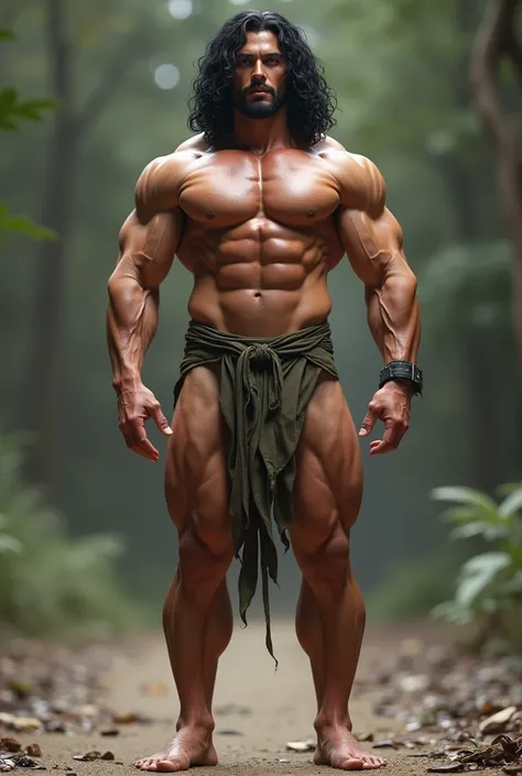 A muscular Asian man with long curly black hair. naked. Muscular legs and big feet. realistic. 