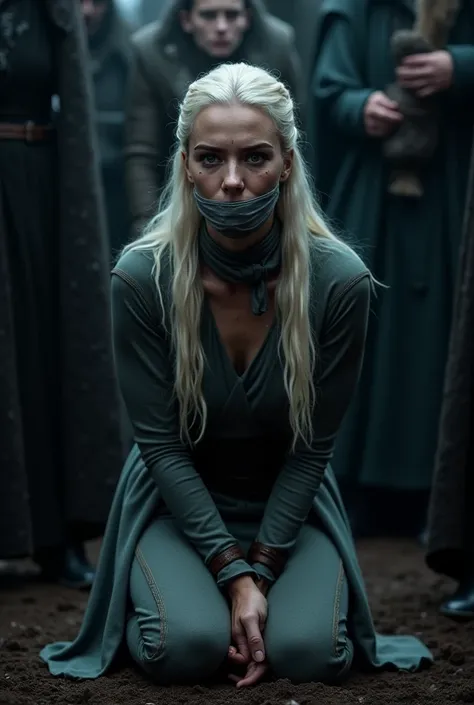 Daenerys Targaryen, gag tied in mouth, scared, hands behind back, surrounded, on knees, crying 