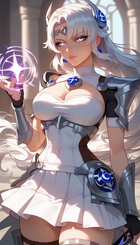  perfect eyes、 perfectly sexy face、 ultra detailed 、ultra perfect eyes、Holo、white hair,  white eyes, shiny hair, random elements , magic genius with sexy, with stones, cutout on the chest and armor, white skirt, sword in hands , ( cute breasts ), showing c...