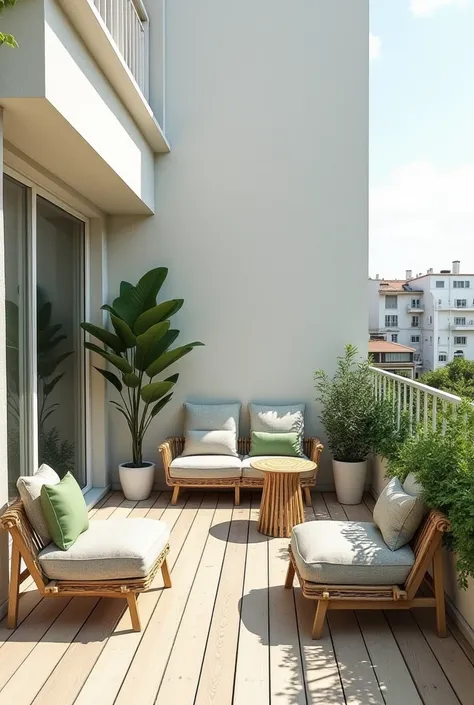  develops interior design of a square-shaped outdoor balcony of about 10 square meters,  on the first floor with a small staircase on the left side .  the furniture must be simple and warm , with colors on white and green and wood . il design deve essere c...