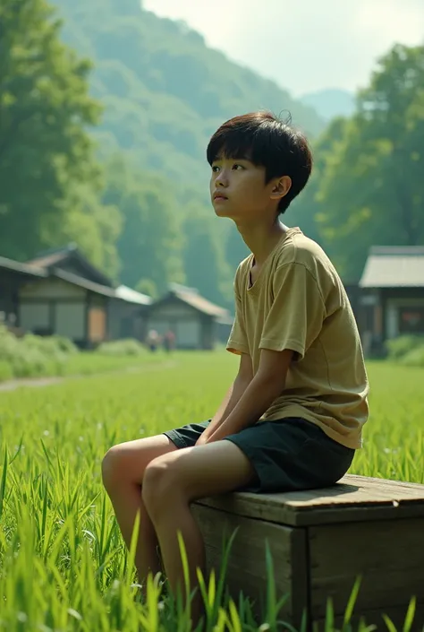 create a realistic image relaxing sit on low box, asian, japanese, posing, green lands, boy s teenage ,short hair, time 1960s green japanese village background, , boy looks beautiful large eyes. Hes handsome,low light 