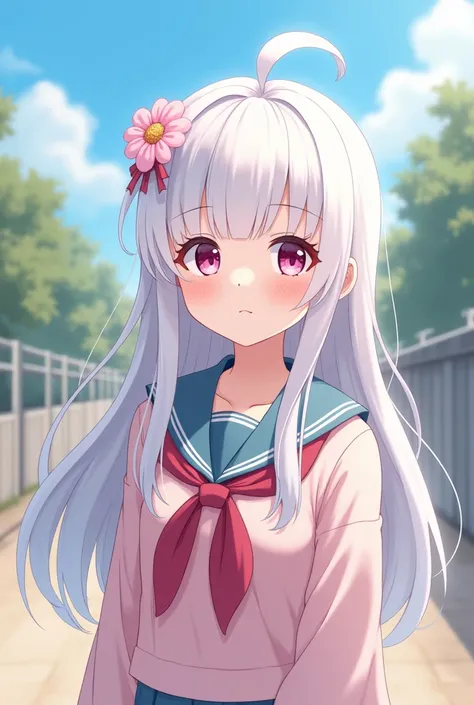 There is one cute high school girl in a piece
I have white hair and one knot
Skin color is close to white
anime style