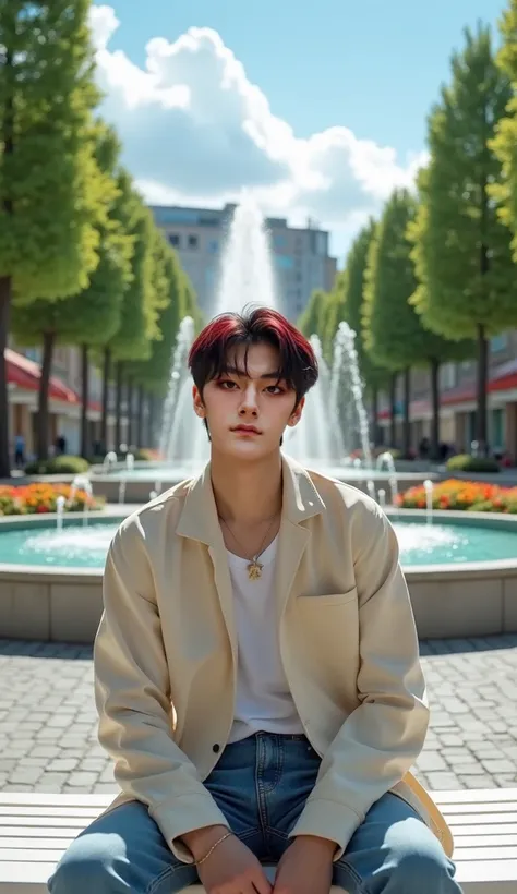 
A 23-year-old Korean boy with black hair styled with a striking red streak on the left side. His sharp, fox-like eyes are softened by a gentle smile that adds warmth to his charismatic and cool demeanor. His defined mouth curves slightly upward, and sever...