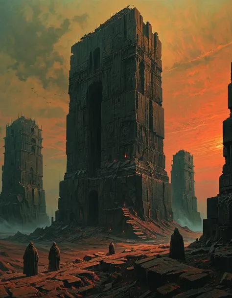 A striking dark surrealism artwork, reminiscent of Zdzisław Beksińskis unique style, The monuments surface is cracked and worn, with faint traces of its former grandeur still visible. A group of figures stands nearby, dwarfed by the monument’s immense scal...