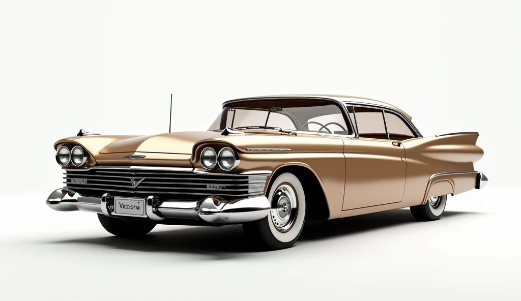 A beautifully designed retro-modern car inspired by the 1950s Ford Victoria, captured from the front side view. The car features sleek, golden-beige paint, iconic tail fins blending into the side profile, a bold chrome grille, and circular headlights with ...