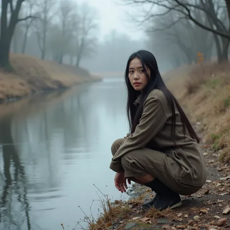 Make a photo of a beautiful woman with long hair squatting defecating on the side of a beautiful and peaceful little river, real photo,  native Indonesian , 8k UHD, detailed photo, natural face ,  perfect graphic ,  photo facing the camera, winter atmosphe...