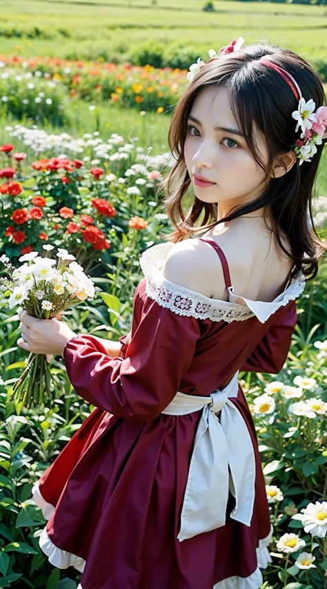  there are people wearing red and white dresses 、 Holding a Bouquet .,  Girl in Flowers, Flower Picking, Holding flowers, Im picking flowers , Girl standing in a flower field, Girl standing in a flower field,  adding flowers to my heirs &#39;cheek,  flower...