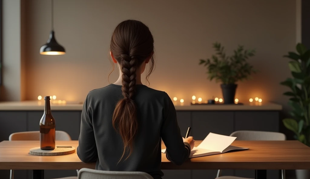 one Russian woman with a brown braid in modern clothes sits at a table in a modern apartment and writes on paper with a pen, New Years Eve evening, rear view, high realism