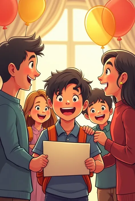 Comic character of a boy receiving a degree with his family