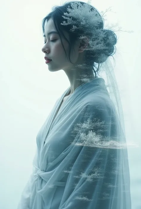 High quality,  8K Ultra HD , 여신의 실루엣과 해질녘 해안이 결합된 아름다운 double exposure,  coastline is used as the background of the goddess, and the ,  details are incorporated into the goddess . sharp lines, The background is solid , sharp focus, double exposure, By Yuki...