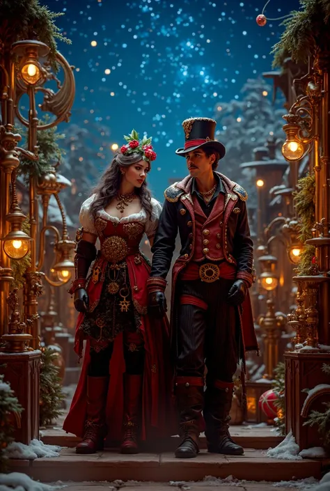 steampunk woman and man in christmas atmosfera