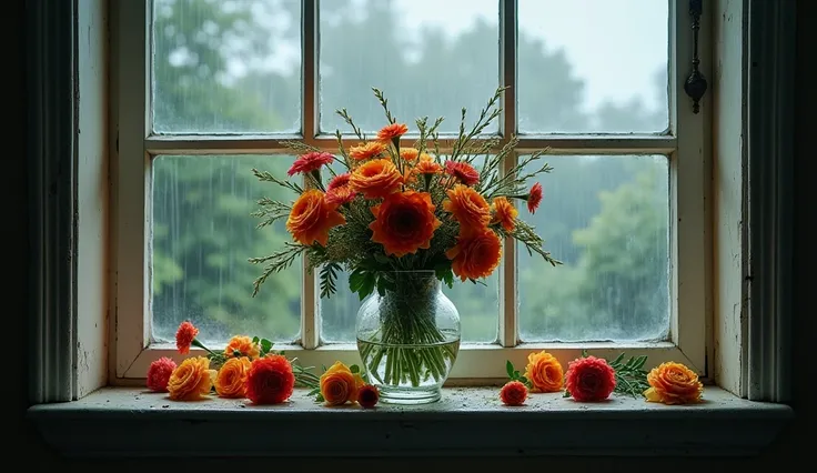 (Photorealism:1.2), broken vase of flowers, flowers are lying on the windowsill, water spilled, there&#39;s a storm outside, straight view