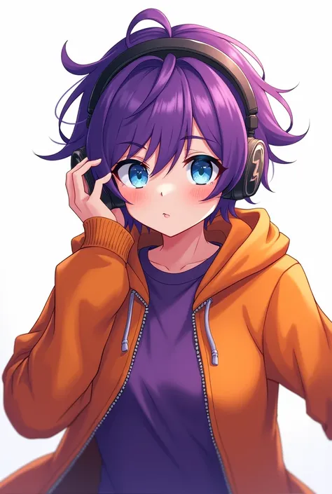 Teenager in orange sweatshirts purple hair blue shirt half body white background purple eyes and headphones gamer Anime