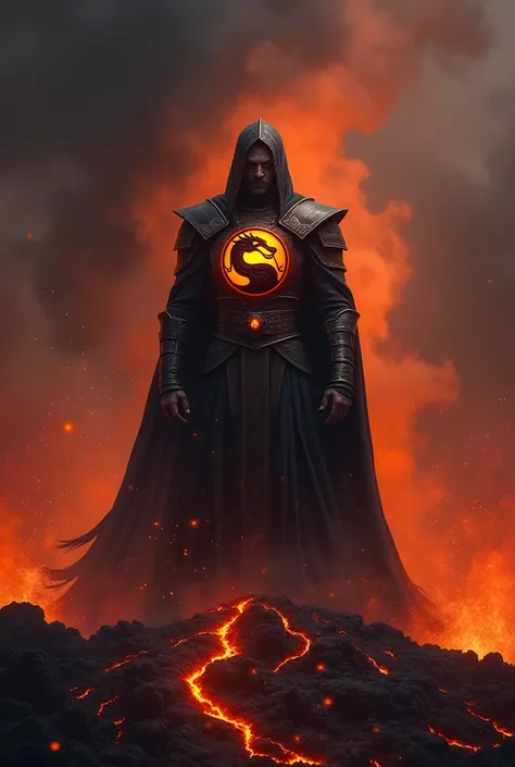 Sauron, The Dark Lord,  standing on an erupting volcano .  The earth trembles under his feet as rivers of lava flow down the slopes,  filling the air with a fiery glow .  Columns of black smoke rise towards Heaven ,  blending with thick clouds that hide an...